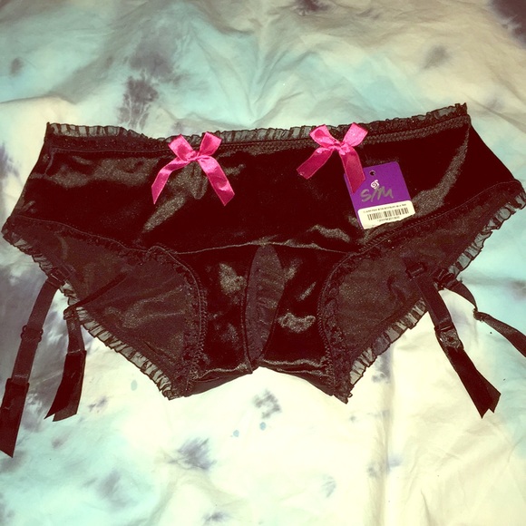 Rene Rofe Crotchless Lace Thong w//Lace Up Back Black intimate apparel wear